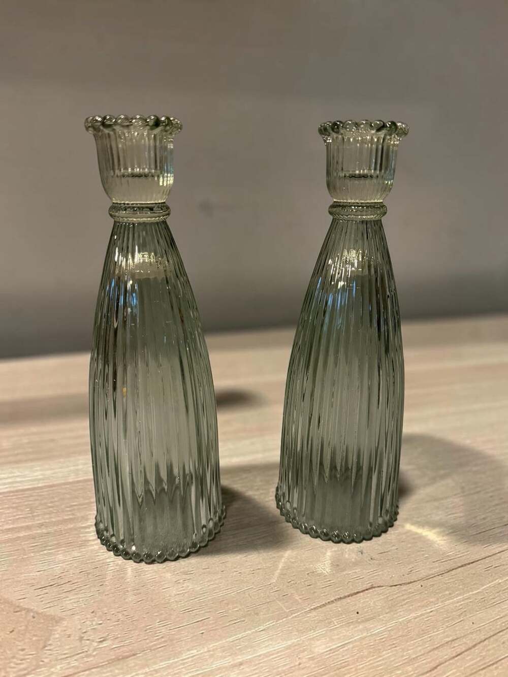 Vintage Style Ribbed Glass Taper Candle Holder Green